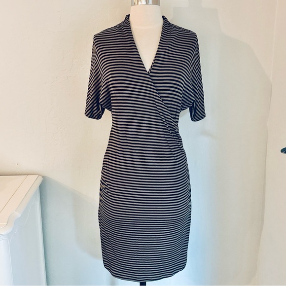 Banana Republic Dresses & Skirts - Banana Republic Olive Green Black Stripe Jersey Knit Surplice Shirred Dress